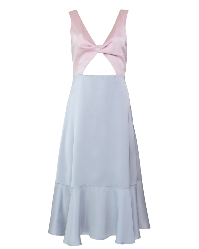 Front of a size 1X Two Tone Twist Midi Dress in Blue by Hilary MacMillan. | dia_product_style_image_id:281984